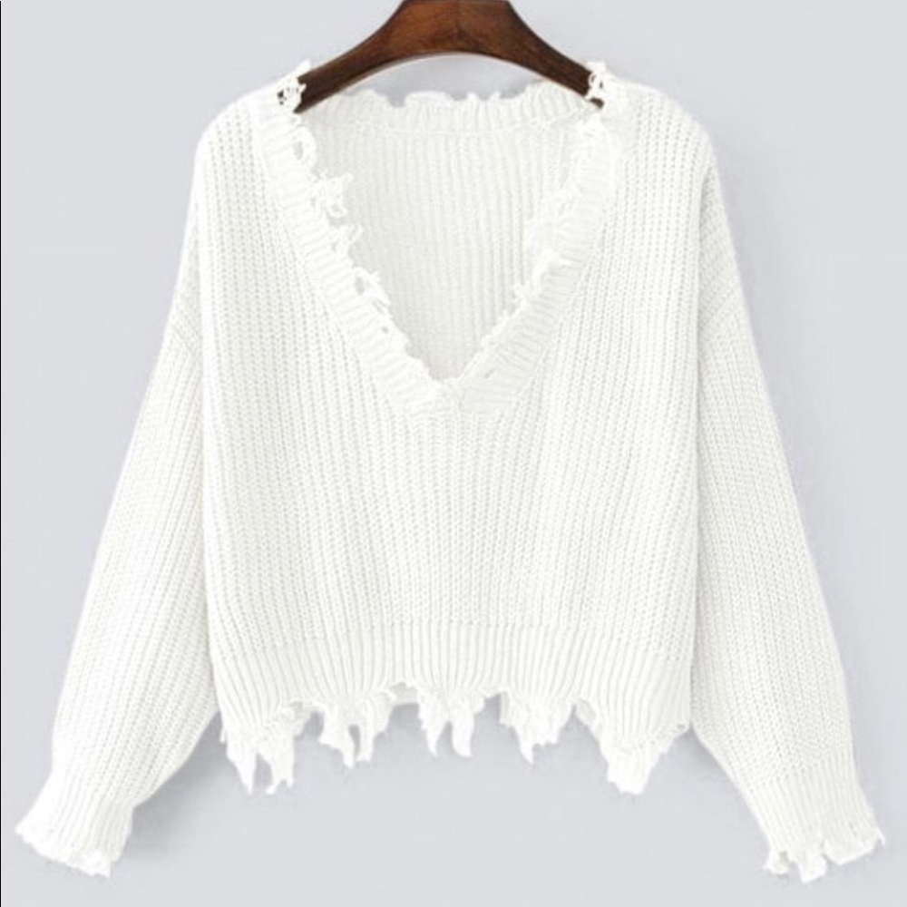 Loose Ripped V Neck Sweater - Picture 1 of 8